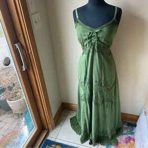 SAKKAS Maxi Dress Boho Stonewashed Embroidered Green Lace Renaissance Fest NWT